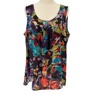 Fashion‎ Bug Blouse Multi-Color Abstract Floral Pleated Sleeveless XL